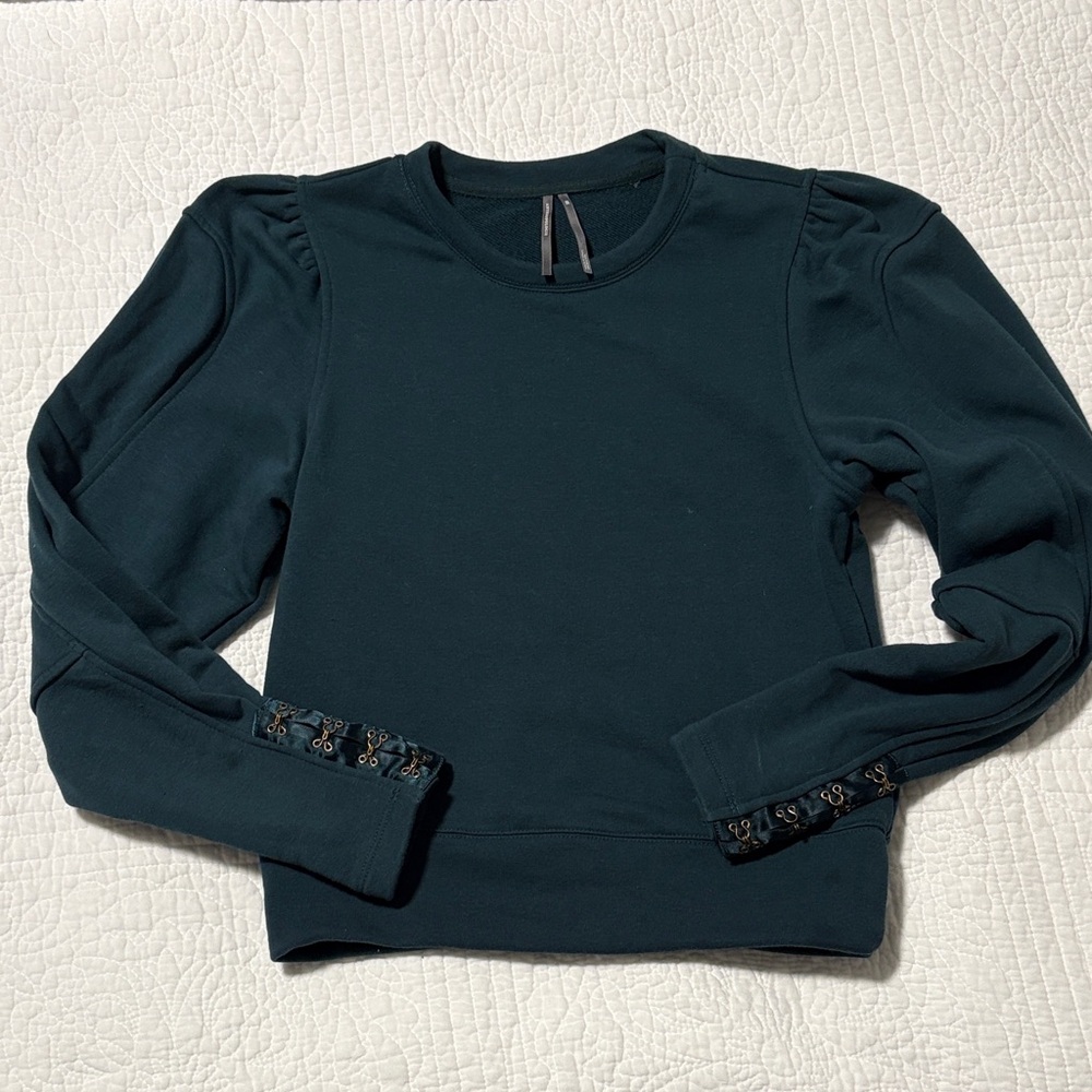 Anthropologie Deep Teal Puff-Shoulder Sweatshirt with Embellished Cuffs